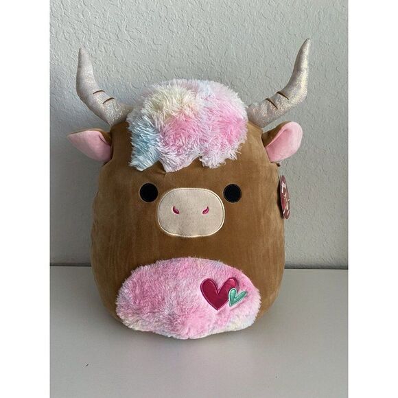 Squishmallow Candela Brown Highland Cow 16” Rainbow Fuzzy Belly Valentines Plush - Picture 1 of 8